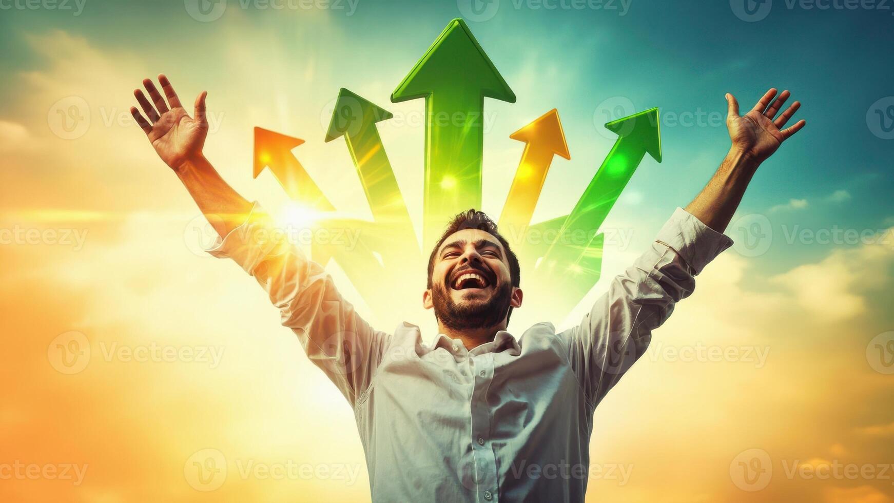 A person stands with arms raised as multiple large green and yellow arrows point upwards behind them. photo