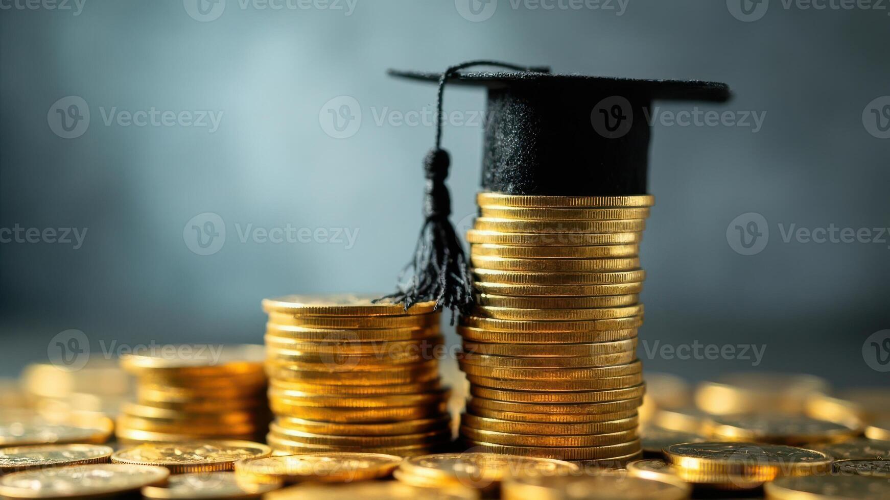 Stacks of gold coins rise in varying heights, with a black graduation cap resting atop the tallest stack. photo