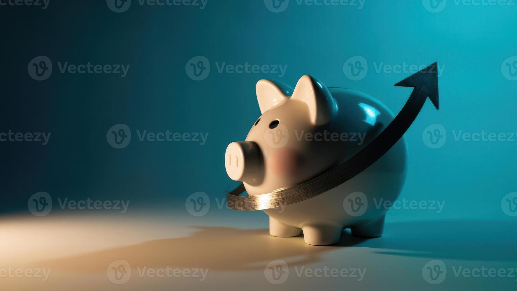 A white piggy bank with a metallic arrow wrapped around it symbolizes financial growth. photo