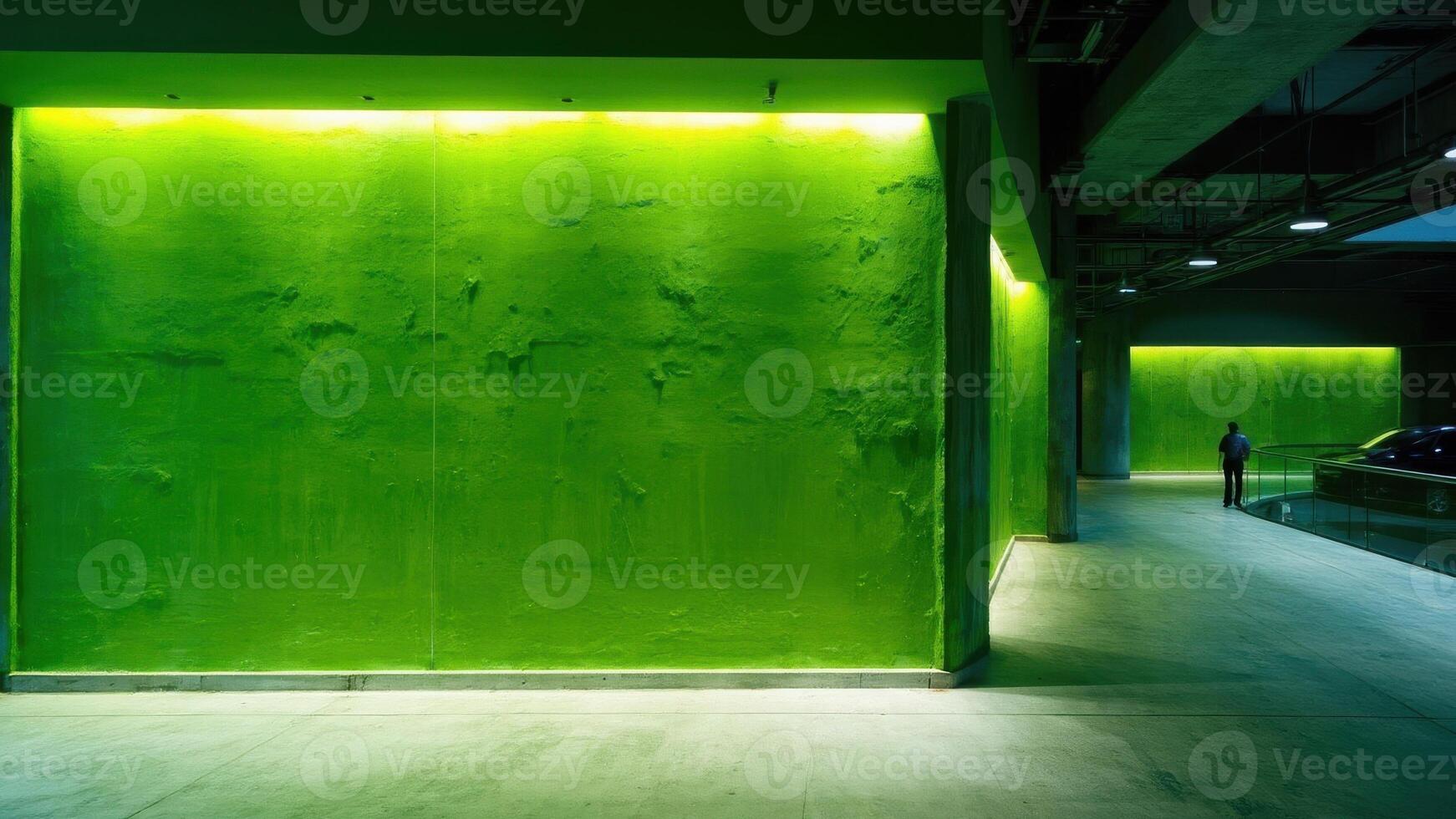 A long, narrow hallway with vibrant green walls leads to a glass door at the end. Yellow accent lighting runs along the left side, complementing the modern, photo