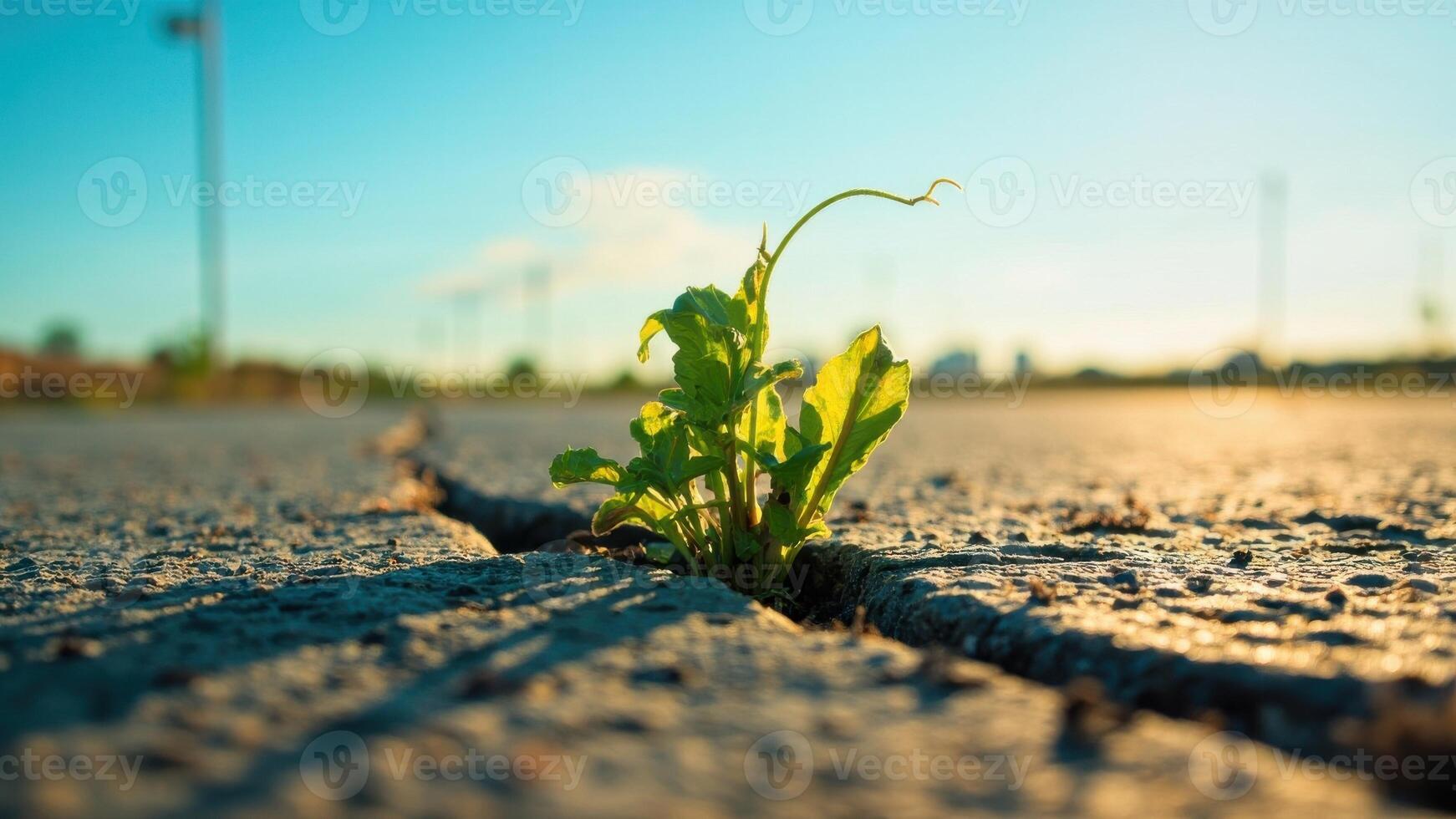 A small green plant emerges through a crack in a paved surface, bathed in warm sunlight. photo