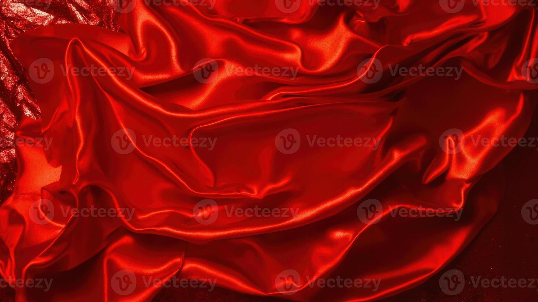 A rich red satin fabric is elegantly crumpled, creating flowing folds and soft highlights. photo