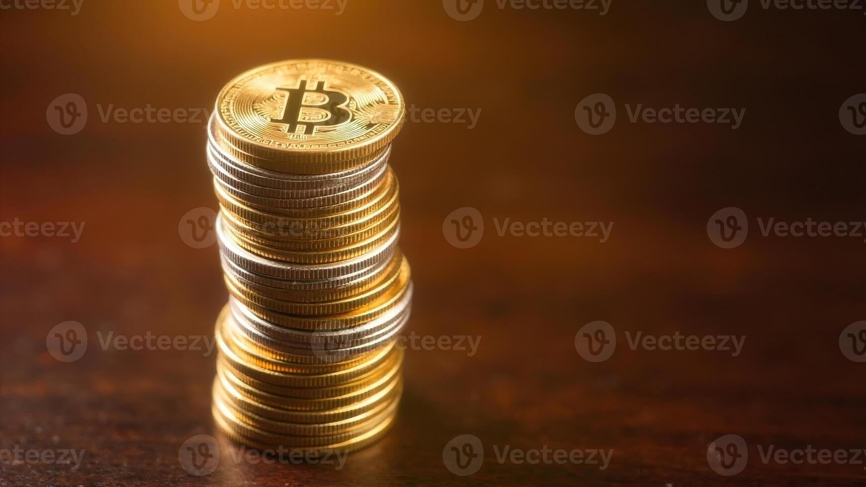 A stack of gold-colored Bitcoin coins sits on a wooden surface. photo