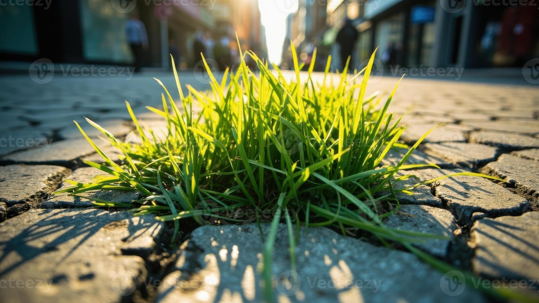 Green grass emerges through cracks in a cobblestone pavement, bathed in sunlight. photo