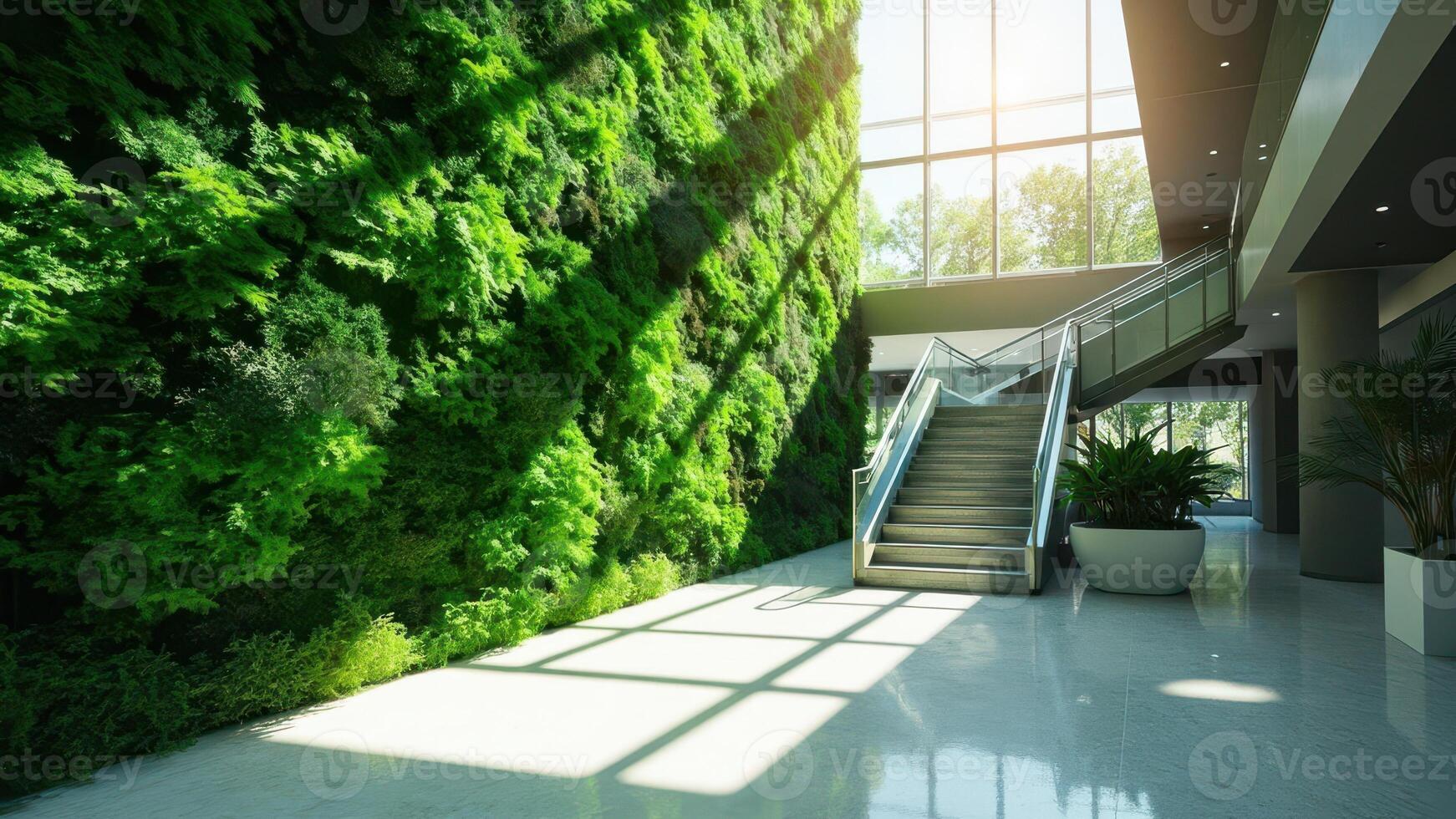A modern indoor space features a large vertical garden wall covered in lush green plants. photo