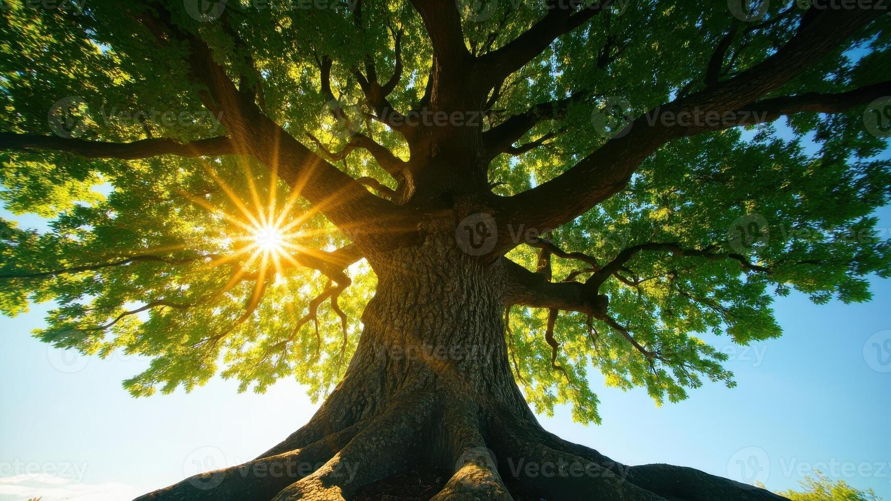 A towering tree with sprawling branches stands tall against the sky, bathed in golden sunlight filtering through its dense green foliage. photo