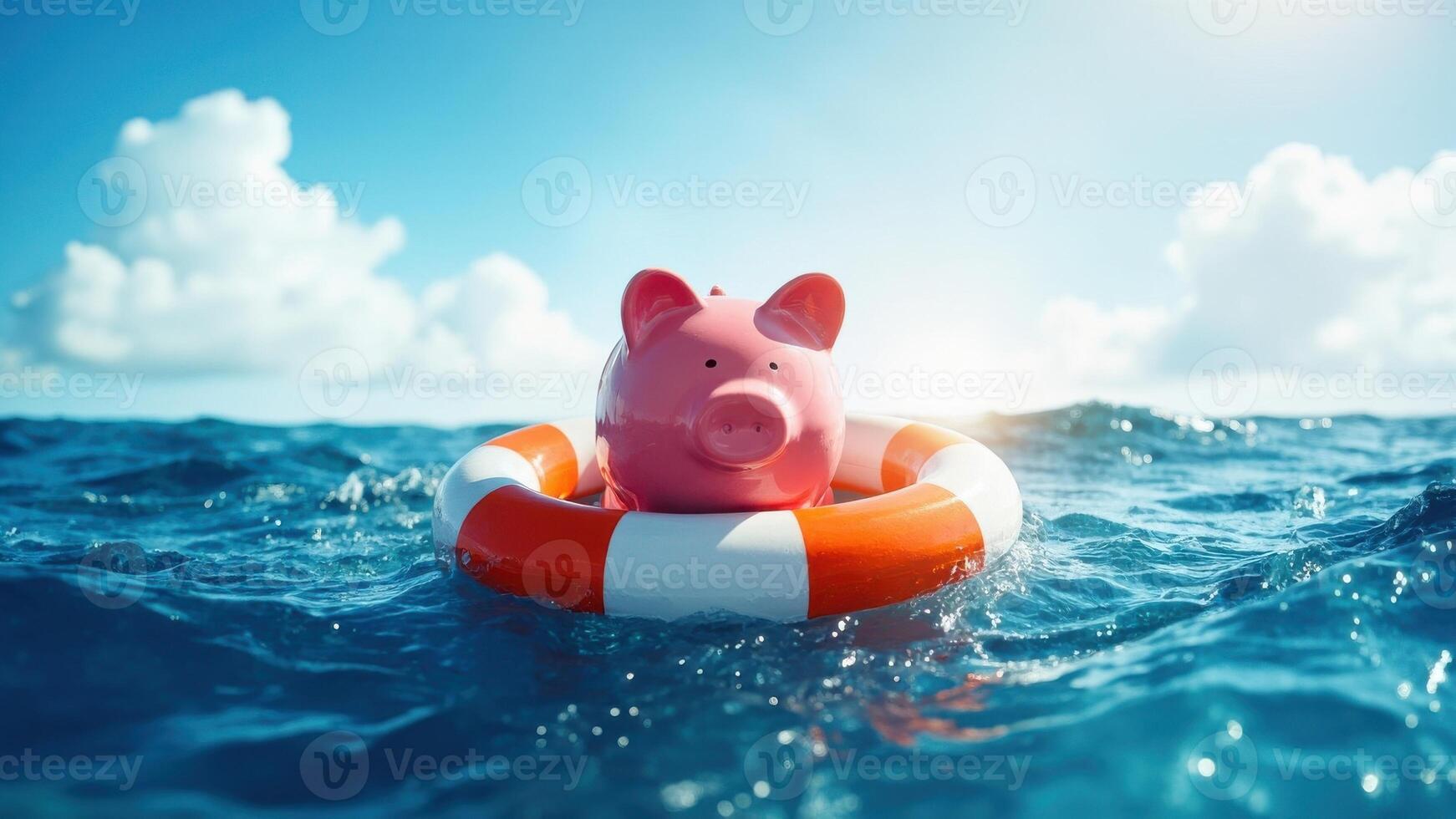 A pink piggy bank floats on an orange-and-white life preserver in the middle of the ocean. photo