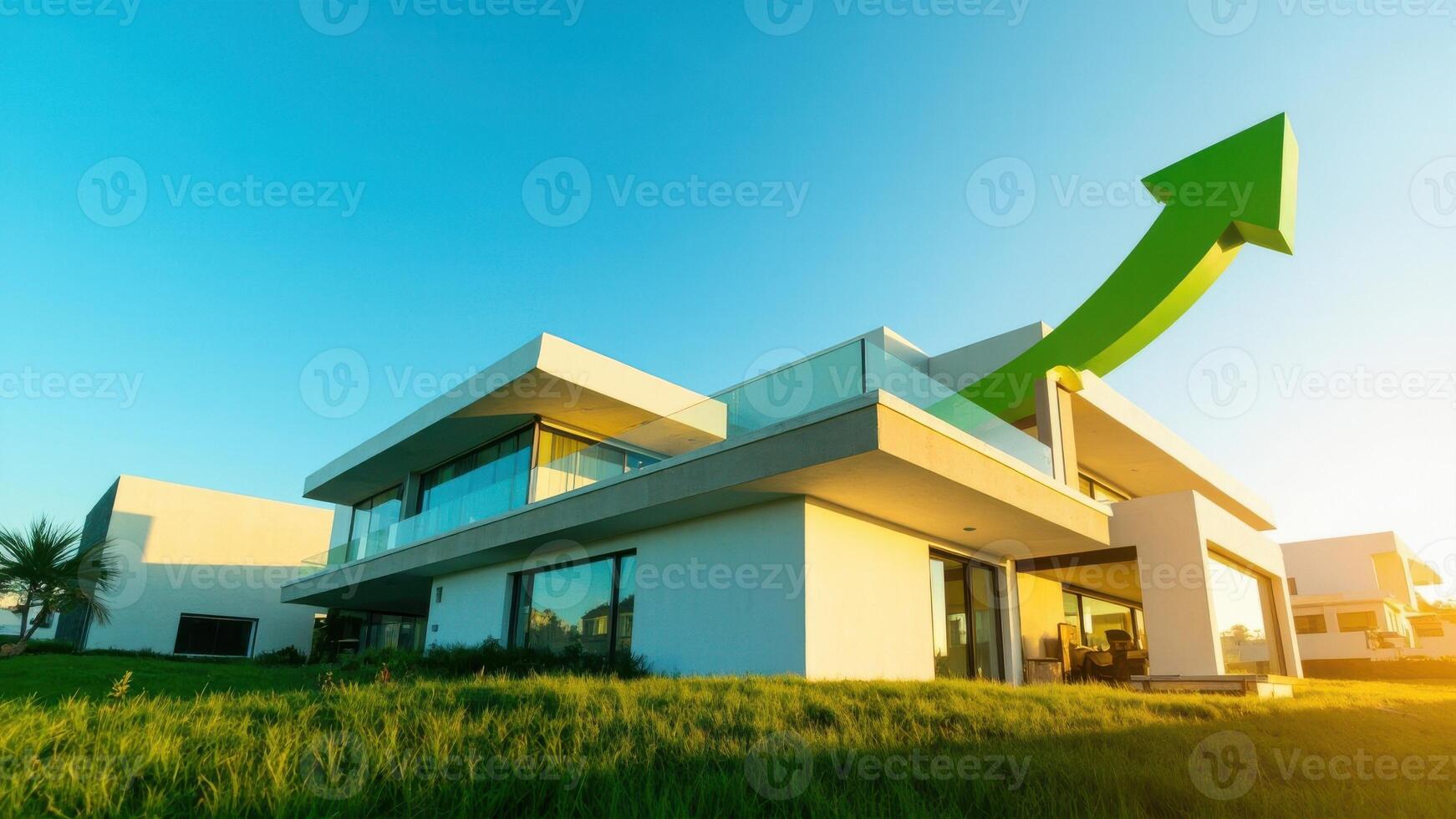 A modern, two-story house with a flat roof and large glass windows sits on a well-maintained lawn. photo