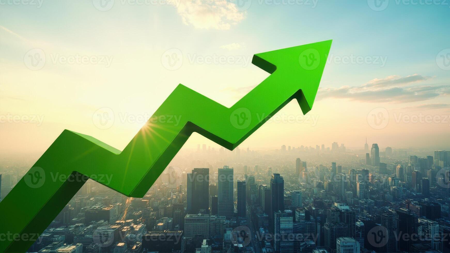 A large green arrow points upwards, superimposed over a cityscape with tall buildings. photo