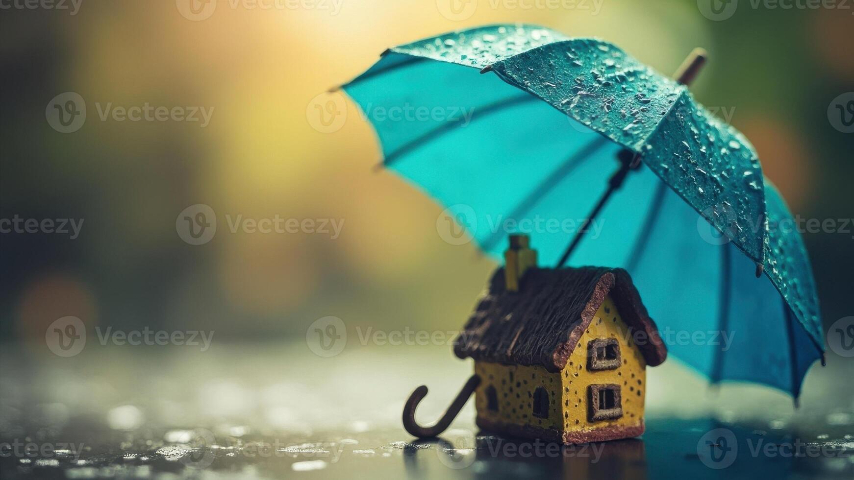 A small, yellow model house with a brown roof sits under a large blue umbrella covered in raindrops. photo