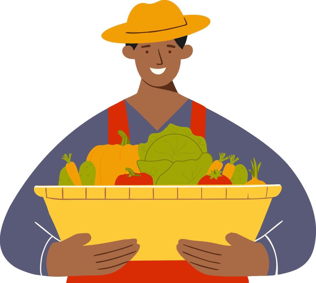 Happy Farmer Holding Crate of Fresh vegetables . autumn harvest. illustration. fall market vector