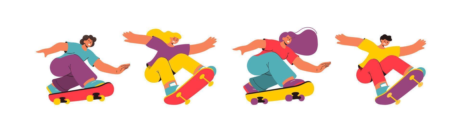 A set of skateboarders on an isolated background. ride a skateboard. Urban skateboard sports. illustration vector