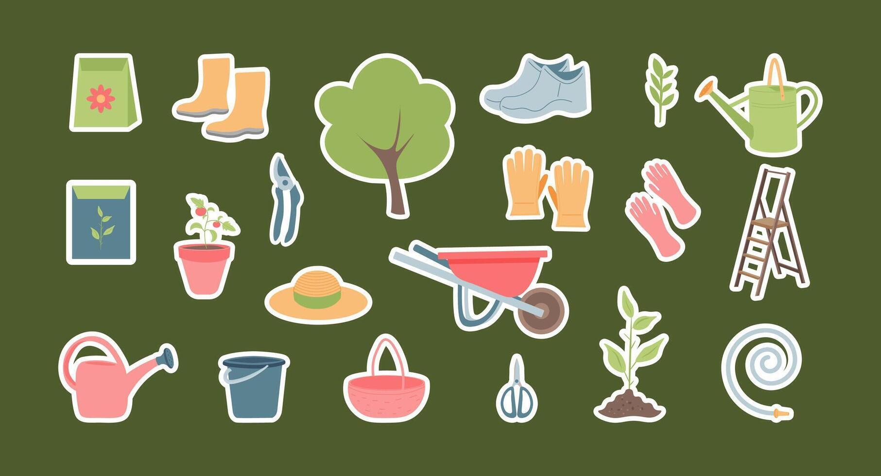 A set of stickers for garden tools, highlighted on a green background. the concept of gardening and agriculture. flat illustration vector