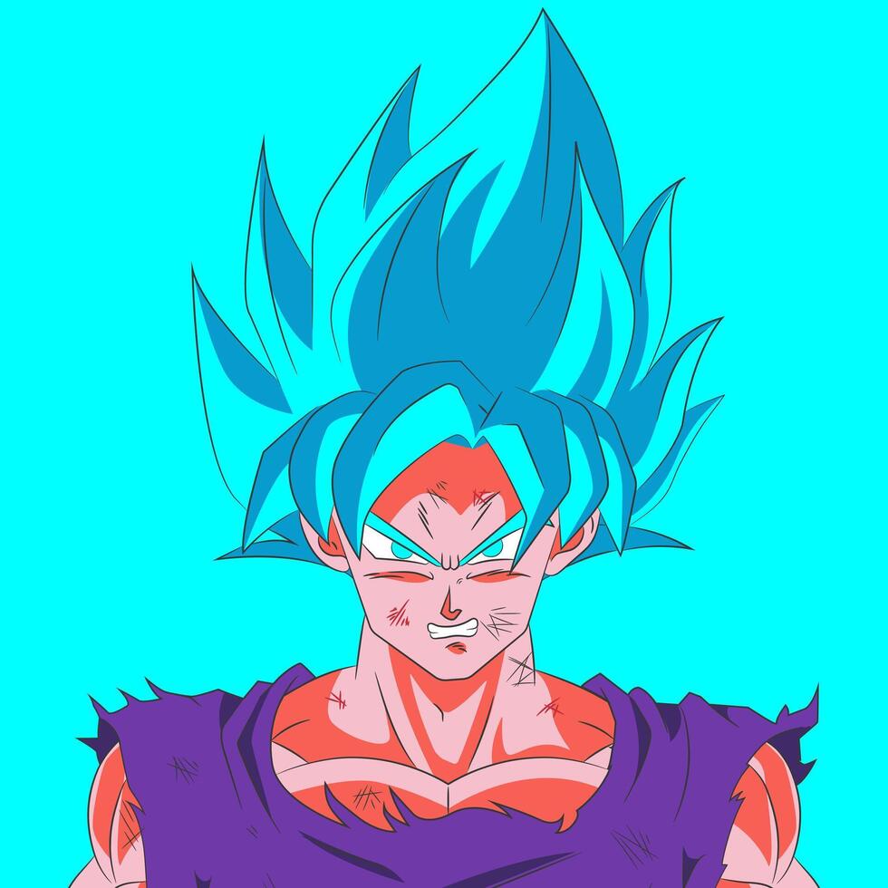 Ilustration Goku Super Saiyan blue kaioken Transformation with bright cyan Background Anime Style vector