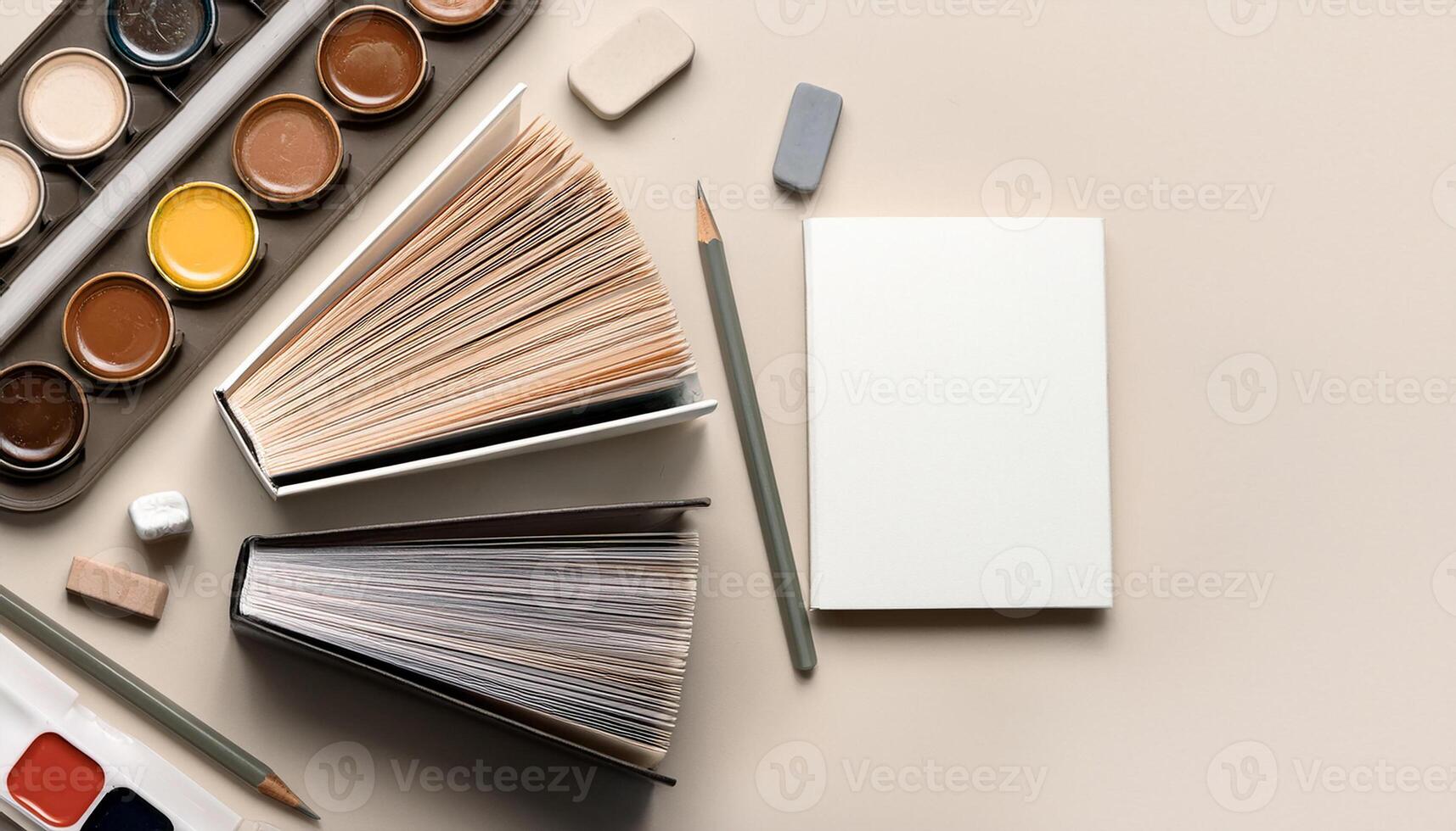 A book, paint, and pencils are arranged on a table photo