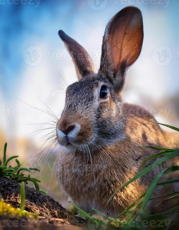 A rabbit is sitting in the grass photo