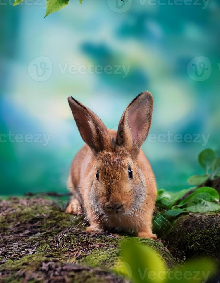 A rabbit is sitting on a rock in front of a green background photo