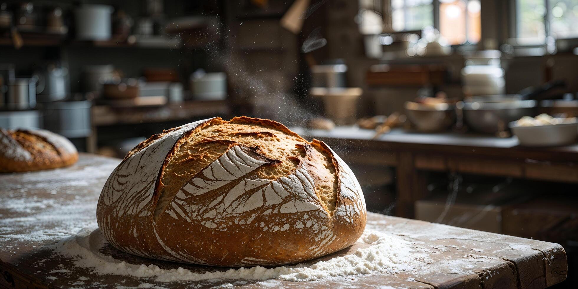 A loaf of bread sitting on a table in a bakery photo