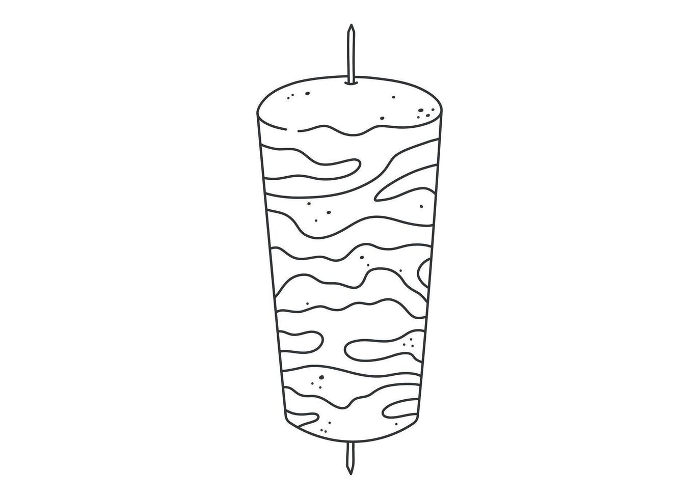 Doner kebab skewer in line art. Vertical meat rotisserie illustration for Turkish or Middle Eastern cuisine theme. Black and white doodle isolated on white background. vector