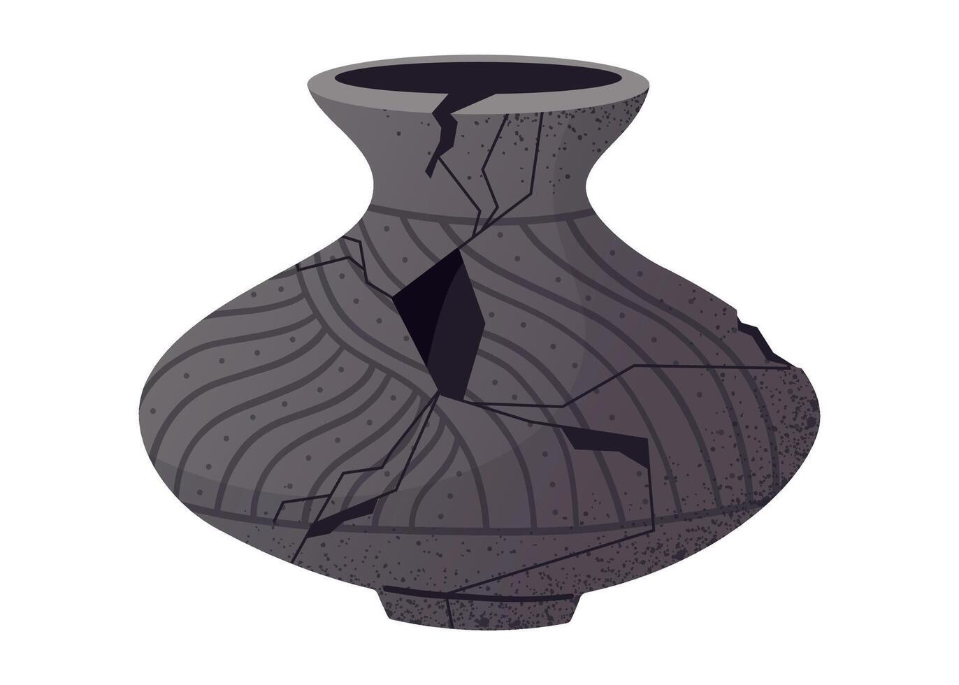 Cracked African grey clay pot with ethnic pattern. Broken tribal earthenware jar with damage and texture. cartoon isolated illustration of traditional handmade pottery used in African heritage. vector
