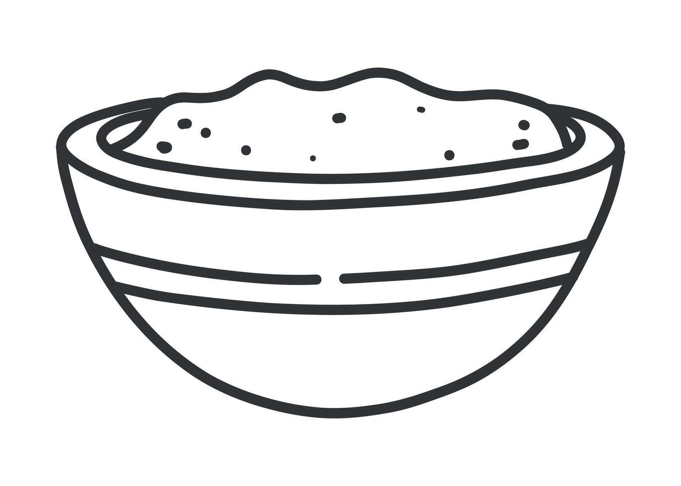 Plate or bowl with soup or sauce in doodle line art. Black and white illustration of traditional food. Isolated hand drawn element for menu or culinary design. vector