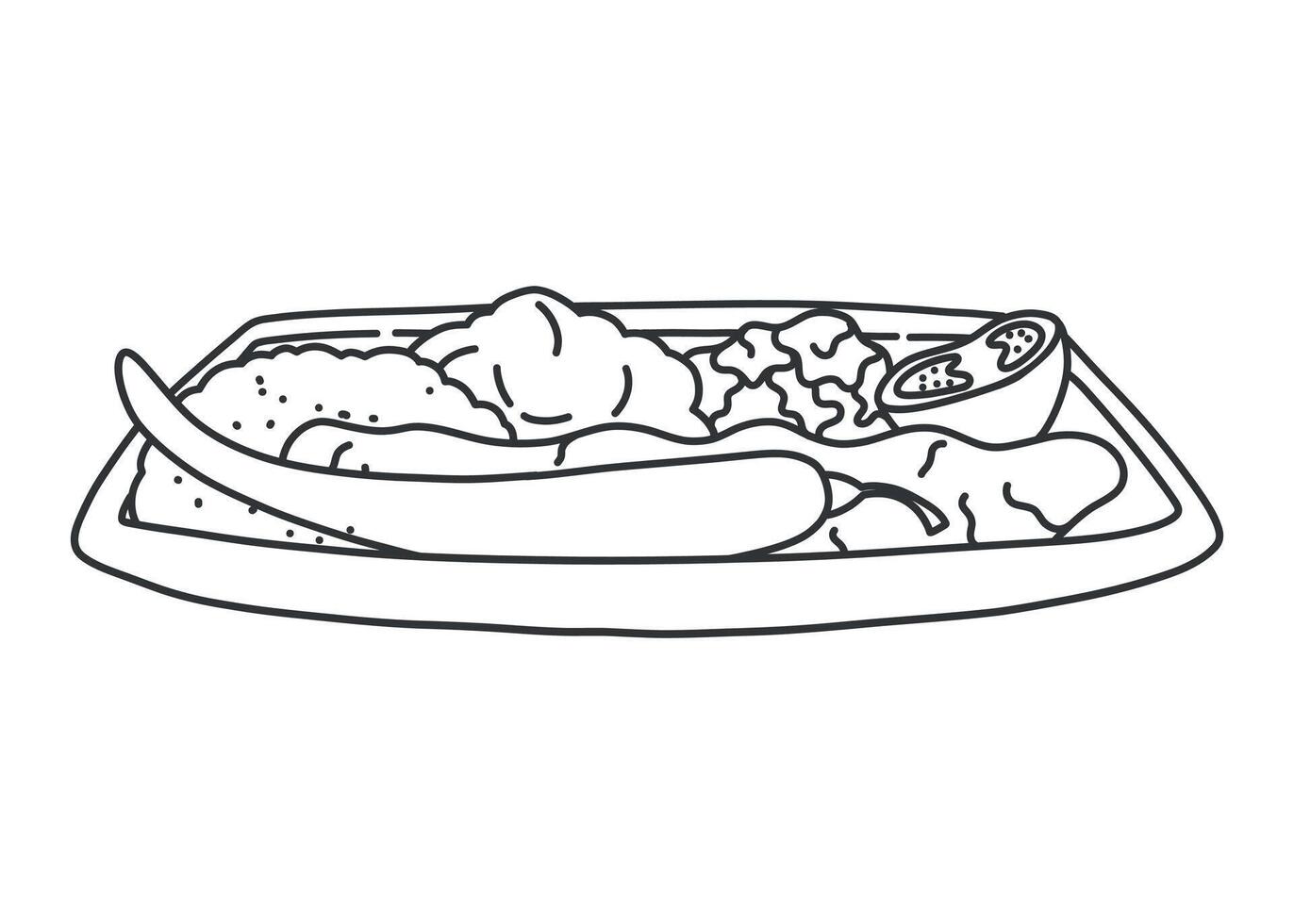 Plate with traditional Turkish Mediterranean food. Line art black and white doodle of lula kebab, rice, and grilled vegetables. isolated hand drawn illustration. vector
