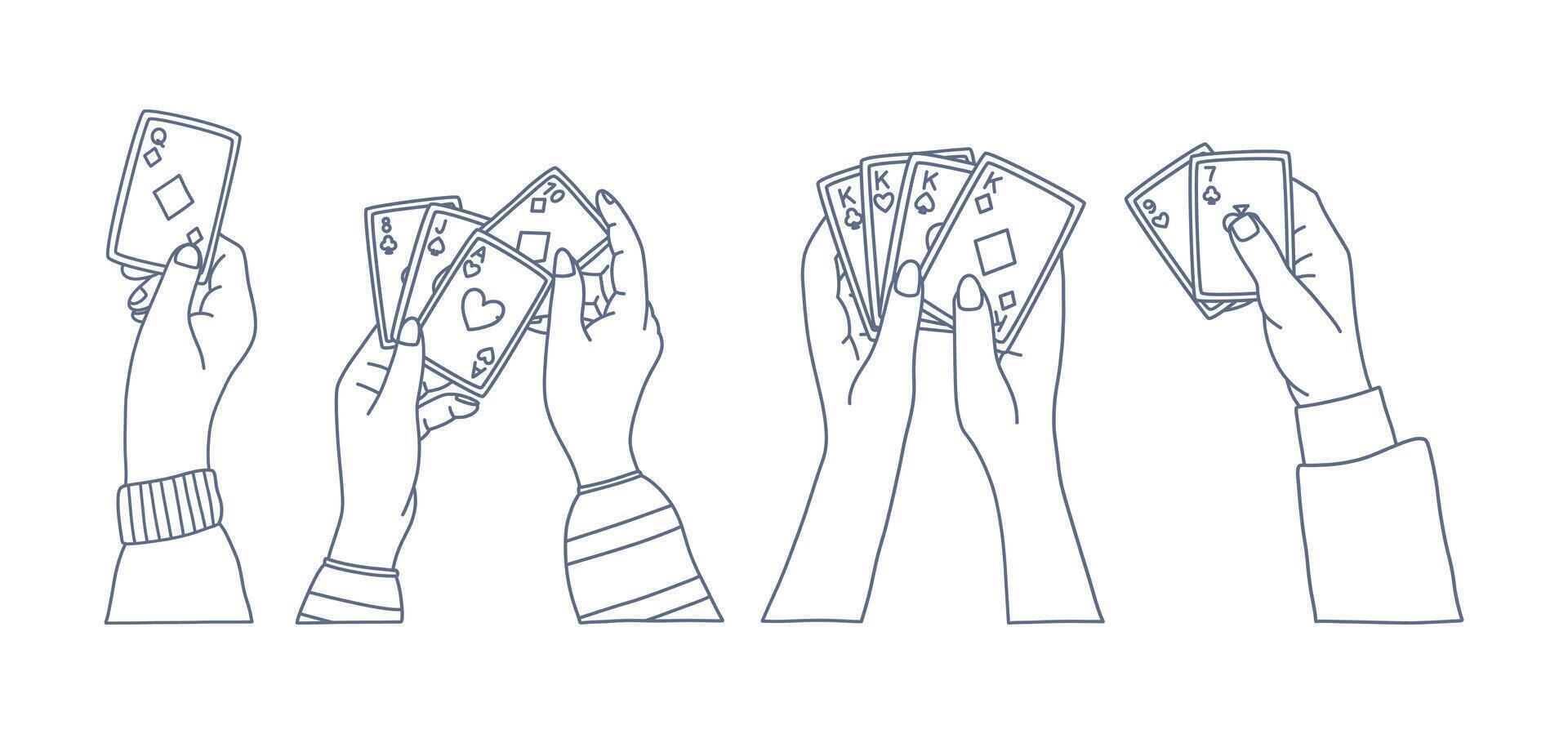 Set of isolated hands holding playing cards in different positions. Doodle line illustration. Poker, gambling, casino or board game concept for print, web, and mobile design. vector
