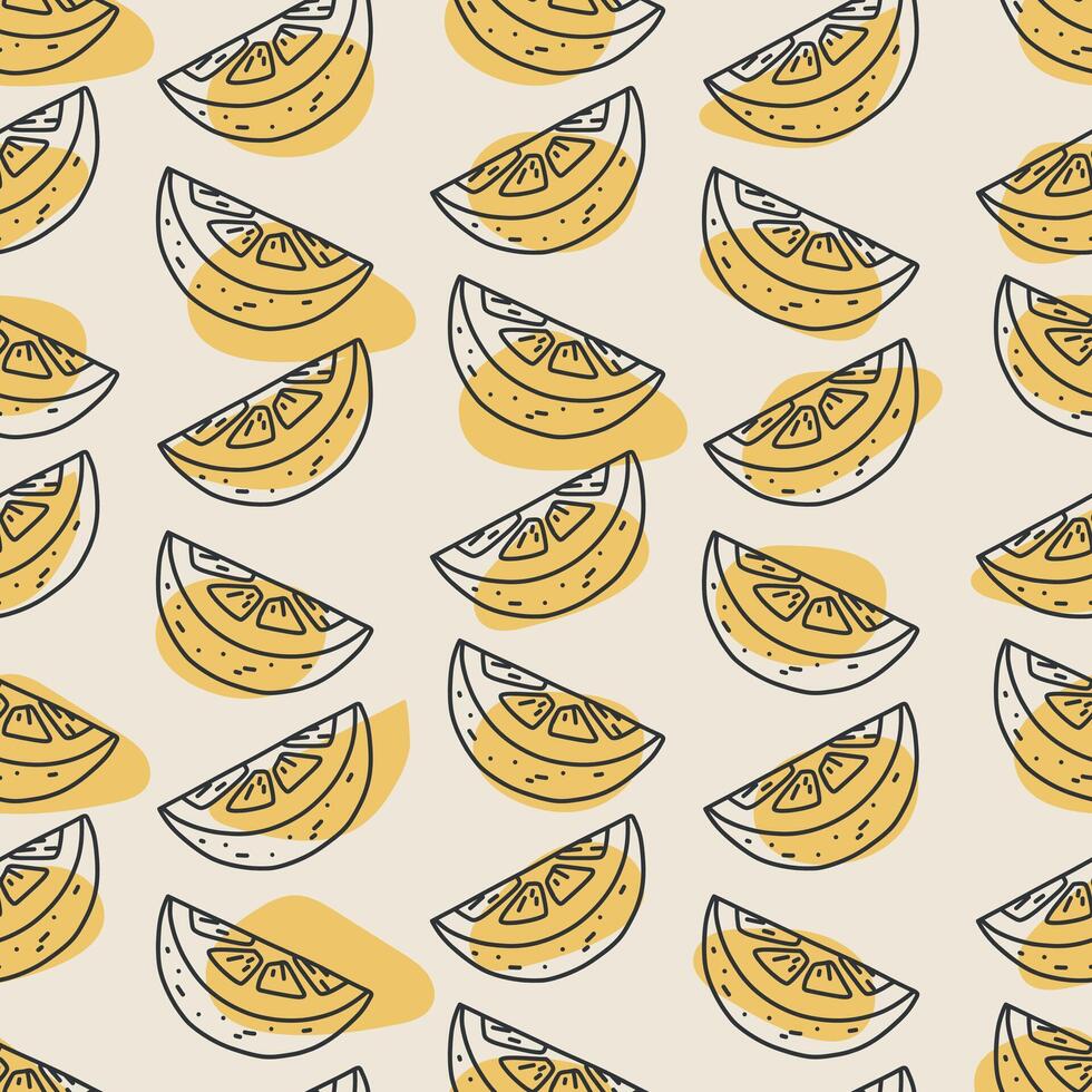 Black and white doodle of lemon slice. Hand drawn line art illustration of sour citrus fruit segment. seamless pattern for food, drink or design elements. vector