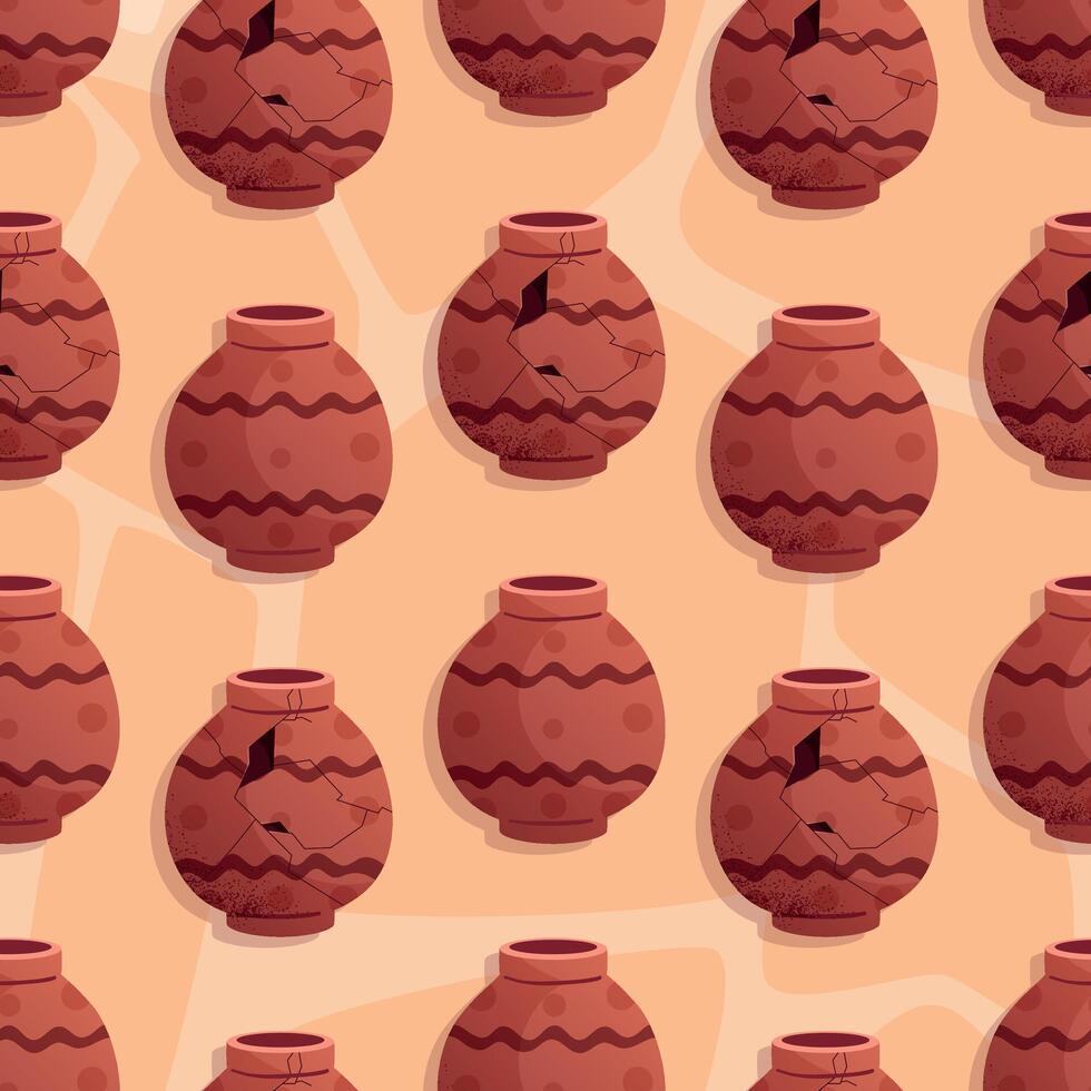Cracked African clay pot with pattern. Broken tribal earthenware jar with damage and texture. cartoon seamless pattern of traditional handmade pottery used in African heritage. vector
