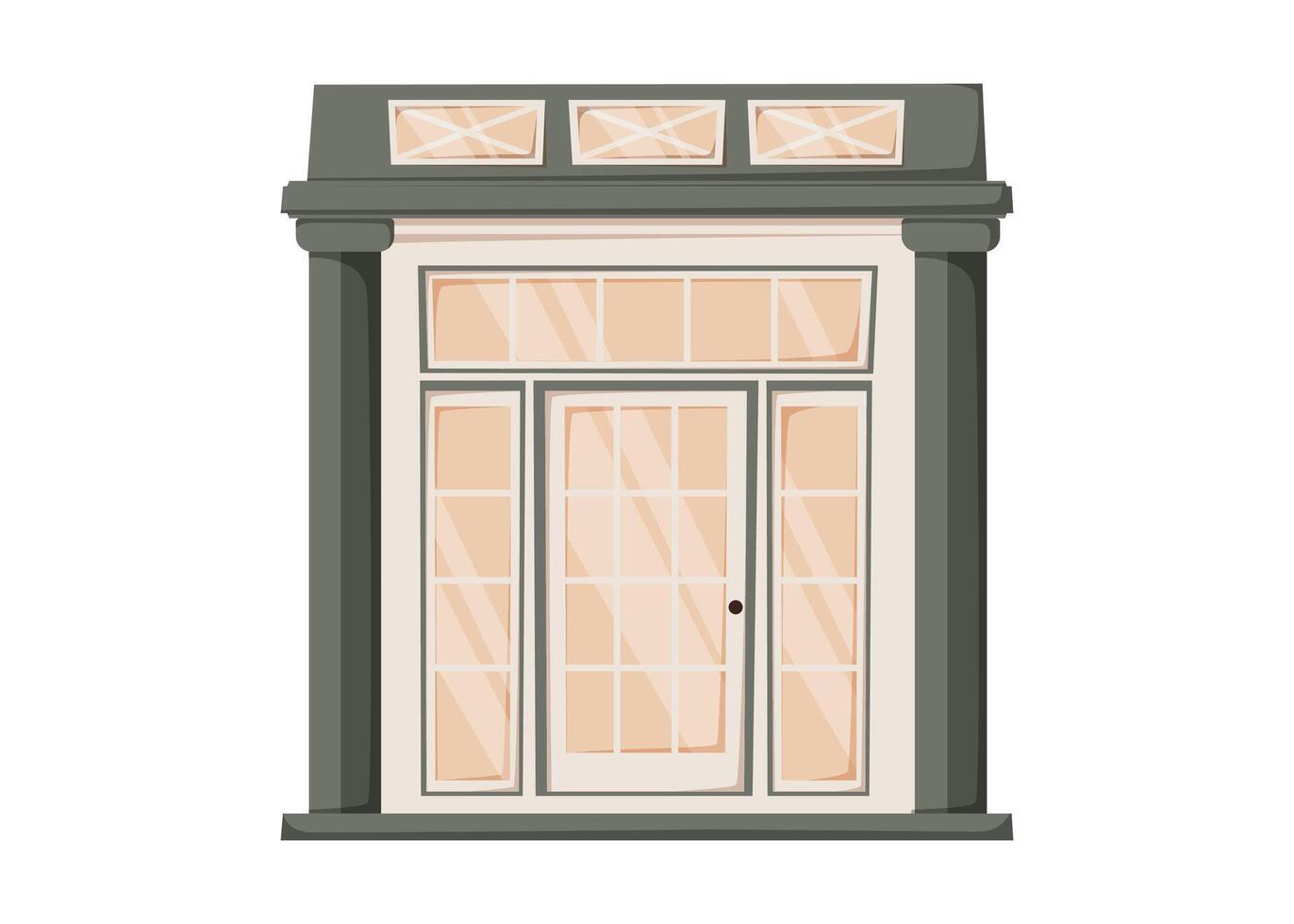Elegant glass front door with dark columns and transom windows. cartoon isolated illustration of modern vintage entrance for architectural design, real estate, and decorative use. vector