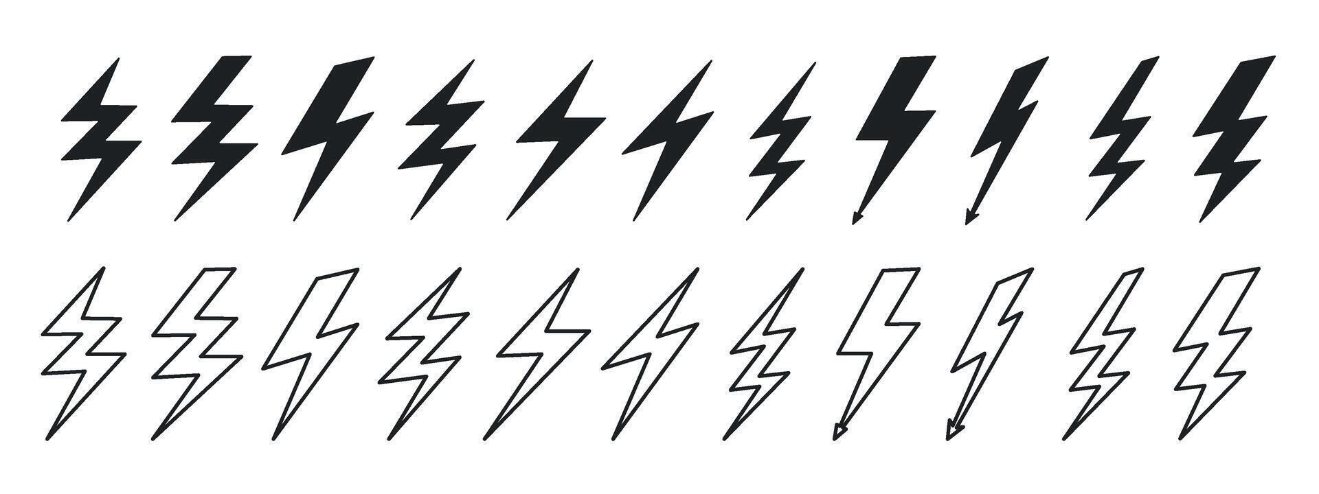 Lightning bolt icon set. Outline symbol of thunder lightning flash symbol of electrical energy. design element for website, poster, banner. vector