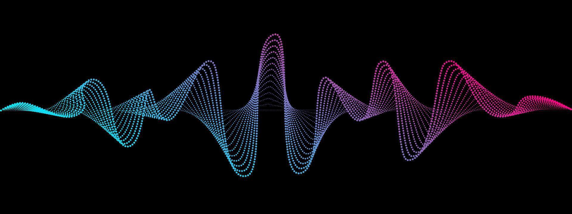 Abstract wavy dotted lines of the sound wave. Dynamic pulsating wave. Musical neon concept, symbols of the frequency. illustration on a black background vector