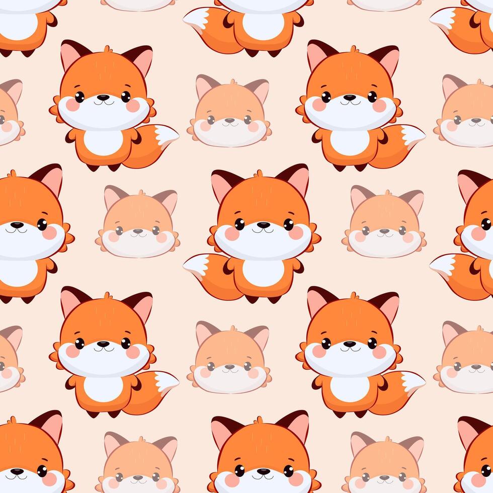Seamless template with cartoon fox in chibi style full size and muzzle. Repetitive kawaii animal mascot for kids design. Child character concept for children's products. Design for textiles vector