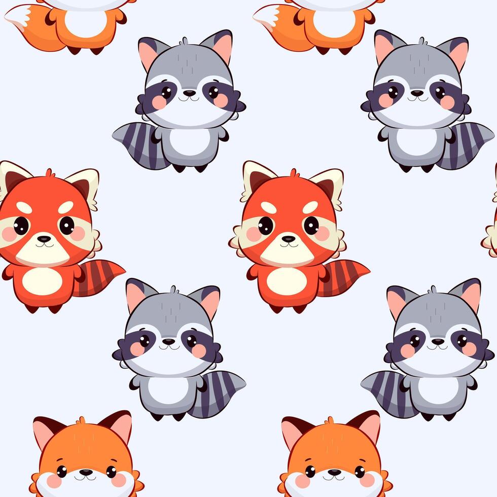 Seamless drawing of red panda, fox, raccoon in chibi kawaii style. Cute cartoon mascot with fluffy tail. Perfect for children's drawings, stickers, nursery decor, prints and educational materials. vector