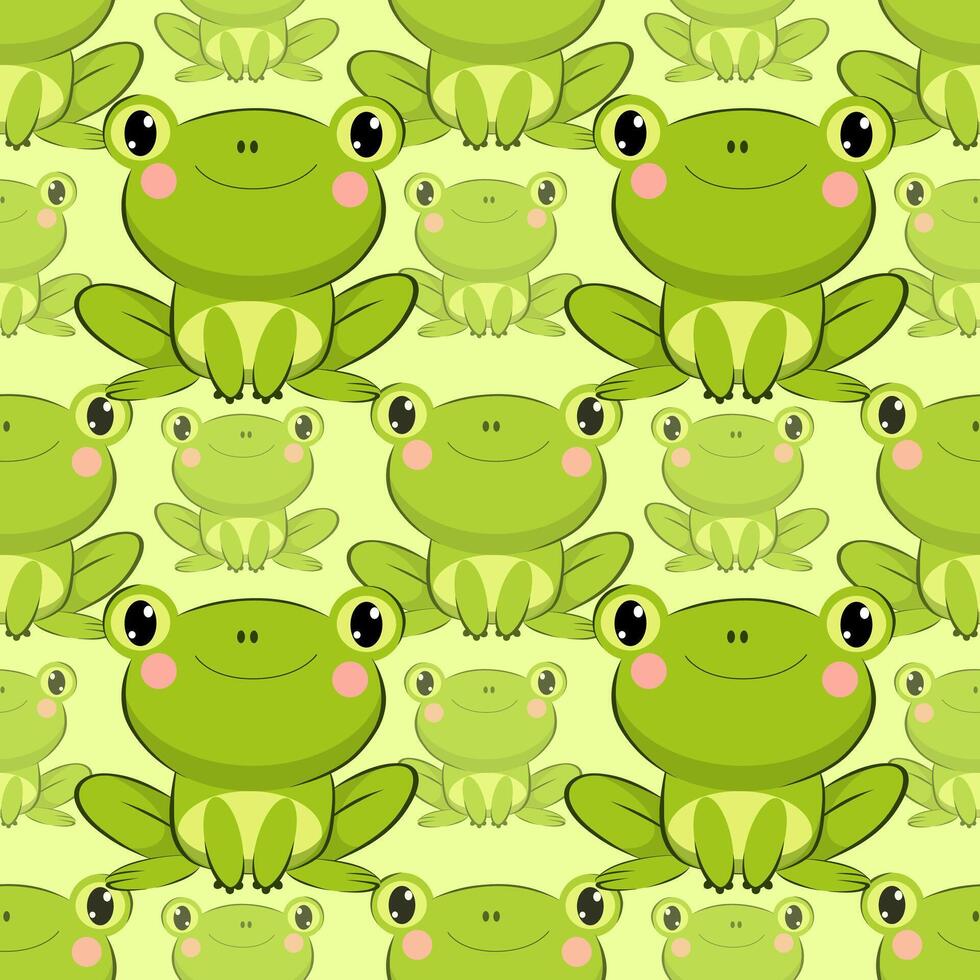Seamless pattern of a frog in kawaii chibi style. Cute and colorful cartoon mascot on a green background. Perfect for children's artwork, stickers, nursery decor, prints and educational materials. vector