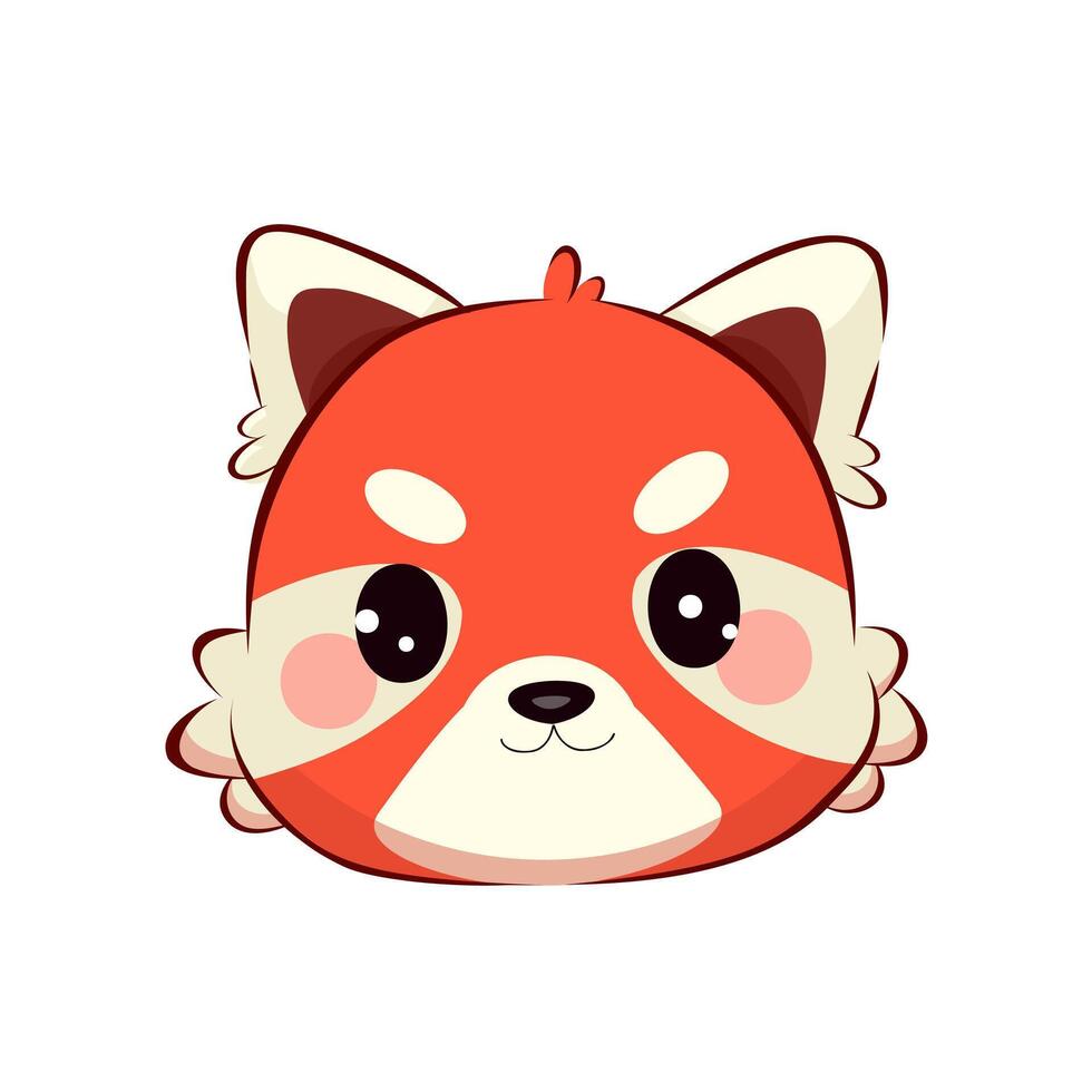 Adorable red panda face in kawaii chibi style. A cute cartoon mascot with big eyes and a fluffy tail. Perfect for childrens drawings, stickers, kindergarten decor, prints and educational materials. vector