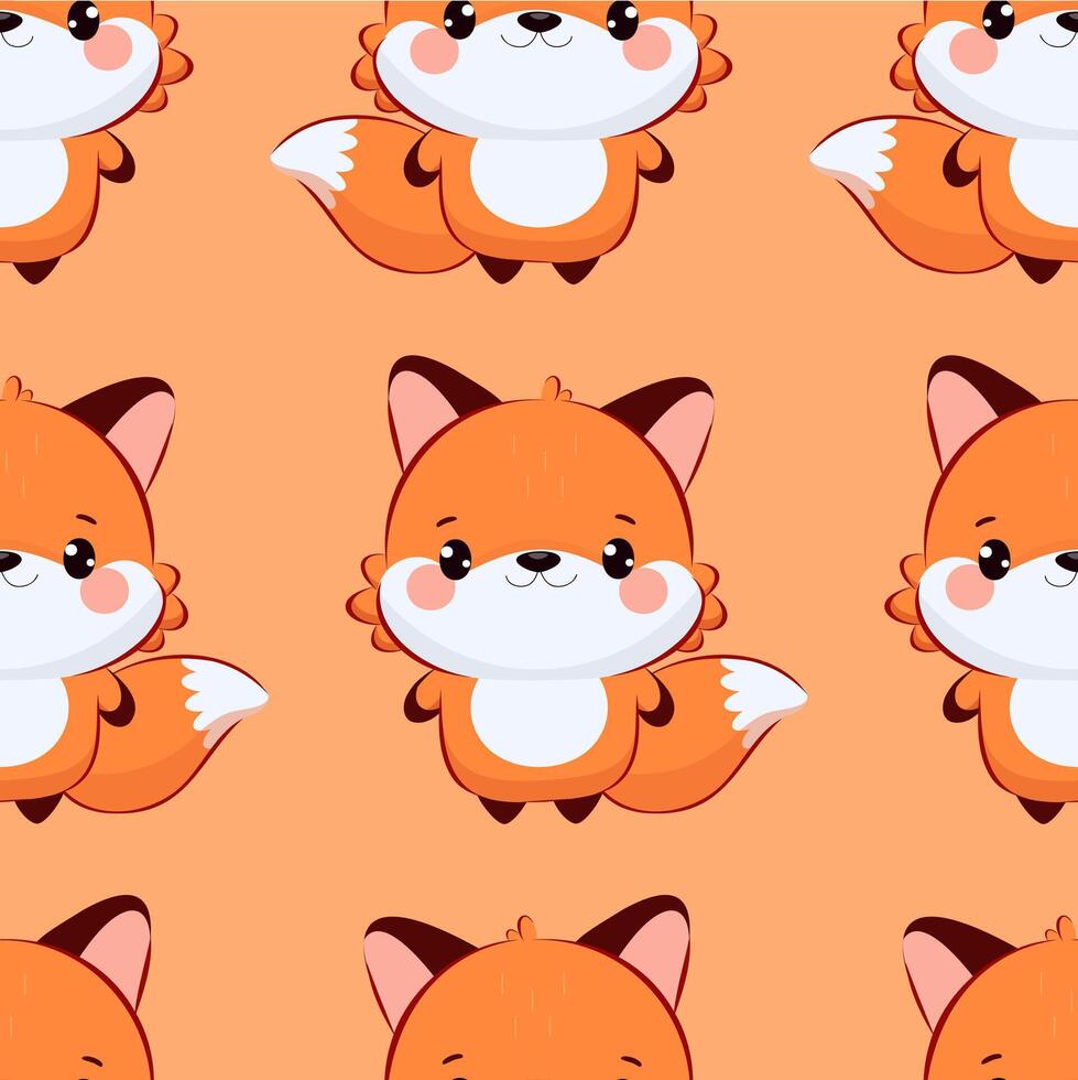 Seamless pattern with cartoon fox in chibi style on red background. Repeating kawaii animal mascot illustration for childrens design. Baby character concept for kids products. Design for textile vector