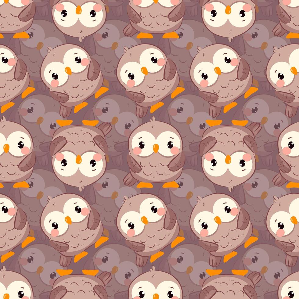 Seamless pattern with kawaii owls multifaceted in brown colors. Cute cartoon chibi birds. Charming illustration for kids, kids room decor, textiles and wrapping paper vector