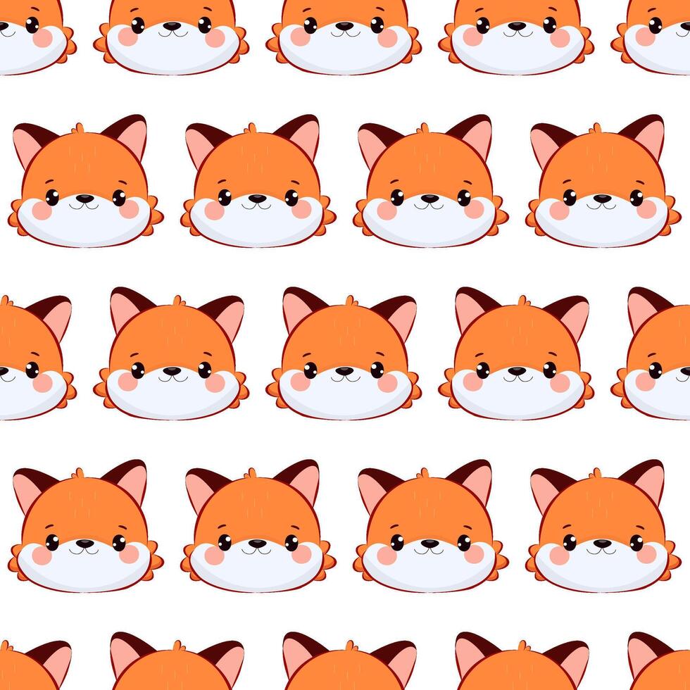 Seamless template with chibi style cartoon fox face on white background. Repetitive kawaii animal mascot for kids design. Child character concept for children's products. Design for textiles vector