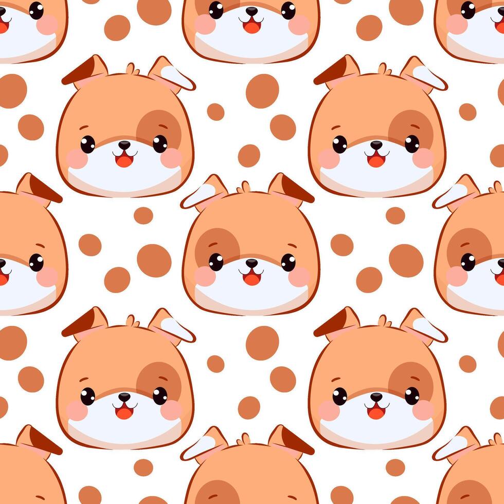 Seamless drawing of a doggie face with spots in chibi kawaii style. Cute and colorful cartoon mascot on a white background with brown circles. Perfect for kids artwork, stickers, nursery decor, prints vector