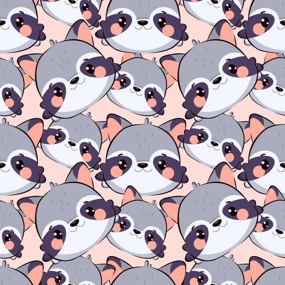 Seamless raccoon pattern in kawaii chibi style. Cute and colorful cartoon face on a pink background. Perfect for children's artwork, stickers, nursery decor, prints and educational materials. vector