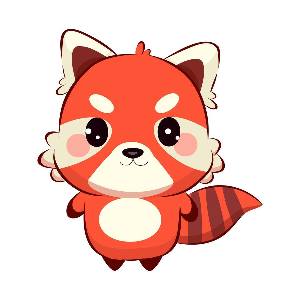 Adorable red panda in kawaii chibi style. Cute cartoon mascot with big eyes and fluffy tail. Perfect for kids' designs, stickers, nursery decor, prints, and educational materials. vector