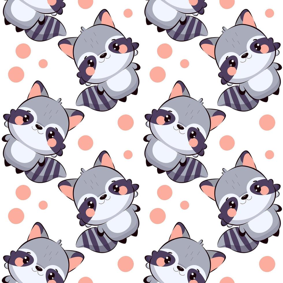 Seamless raccoon pattern in kawaii chibi style. Cute and colorful cartoon mascot on white background and pink circles. Perfect for children's artwork, stickers, nursery decor, prints and educational vector