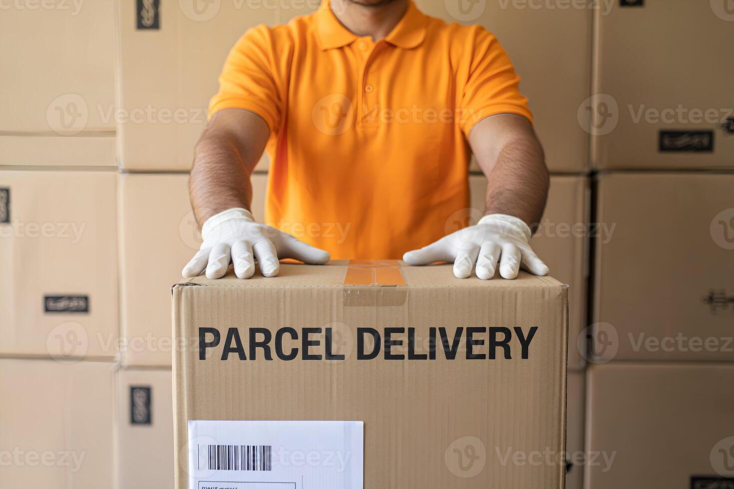 Delivery person in orange shirt holding PARCEL DELIVERY box photo
