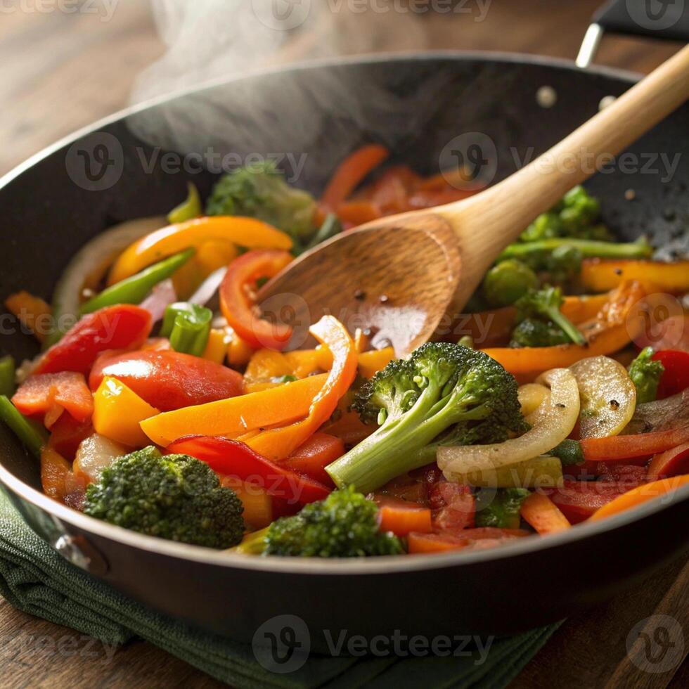 a pan with a wooden spoon stirring a pan of vegetables photo