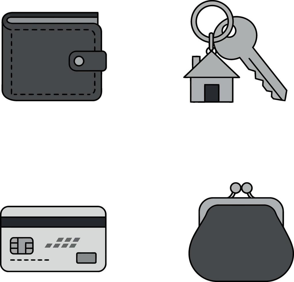 Wallet house key credit card and purse icons set for finance and security concepts vector