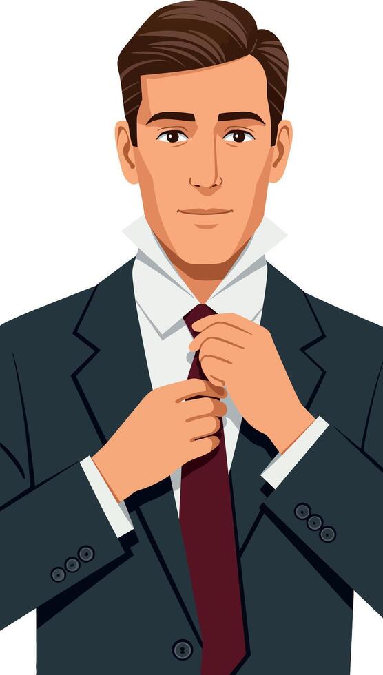 Businessman adjusting tie in formal suit illustration portrait orientation vector