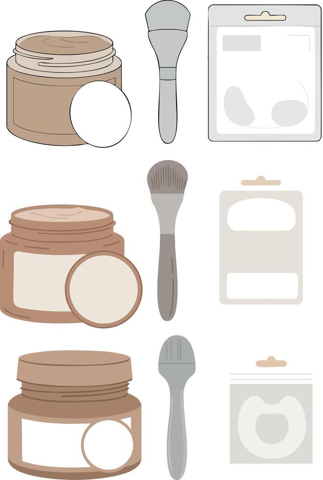 Natural cosmetic cream jars with brushes and packaging illustration for skincare design vector