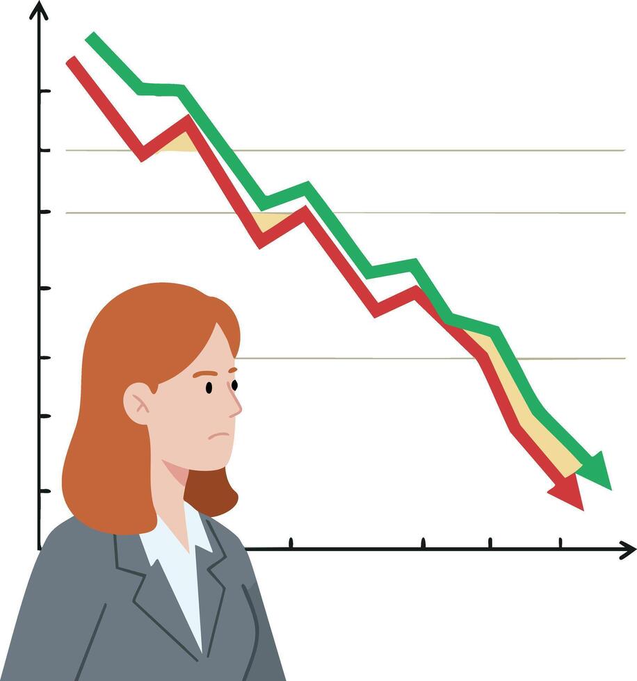 Businesswoman with declining financial graph showing economic downturn and loss trends illustration vector