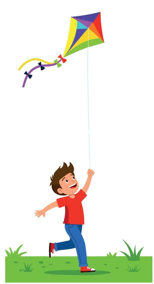 Boy running with colorful kite outdoors on green grass illustration vector